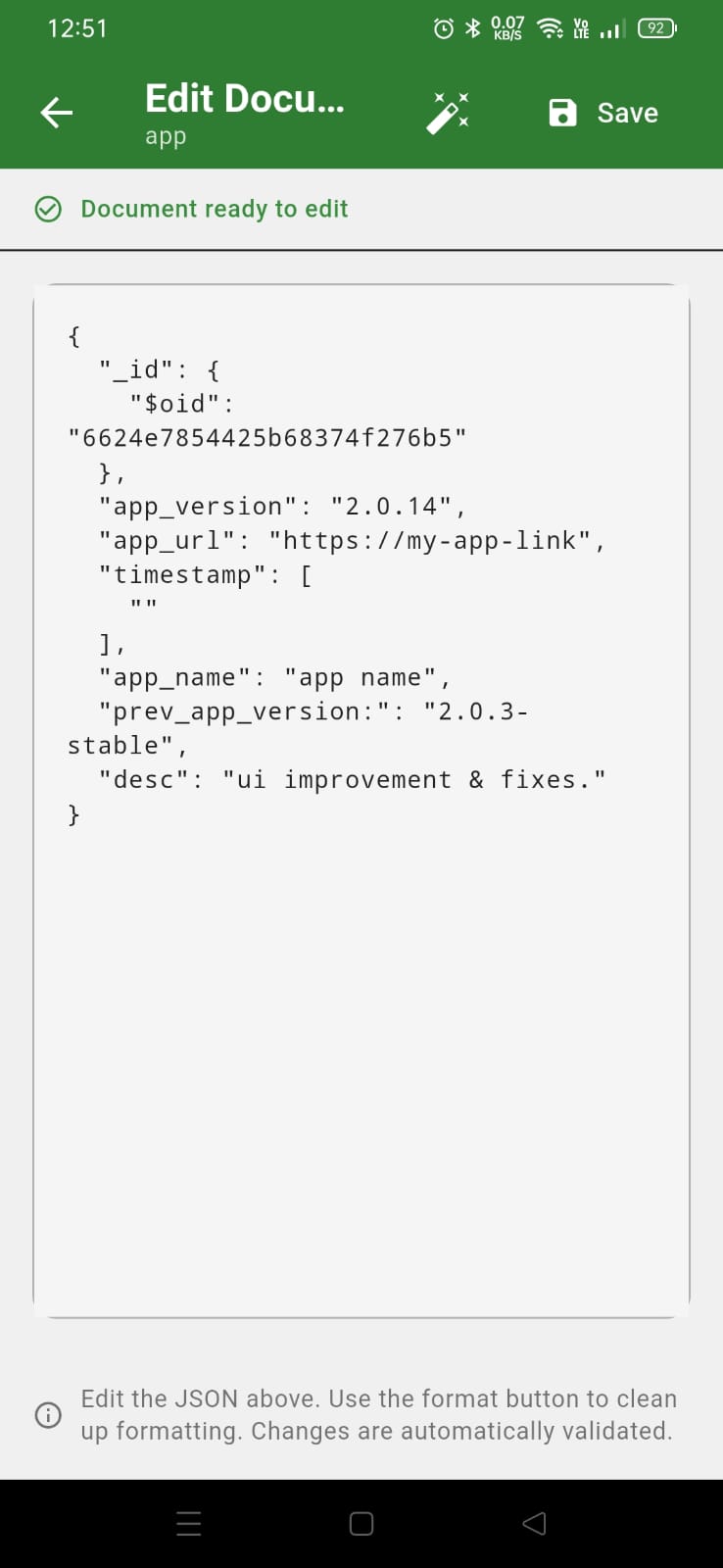 Mobile document viewer showing JSON structure