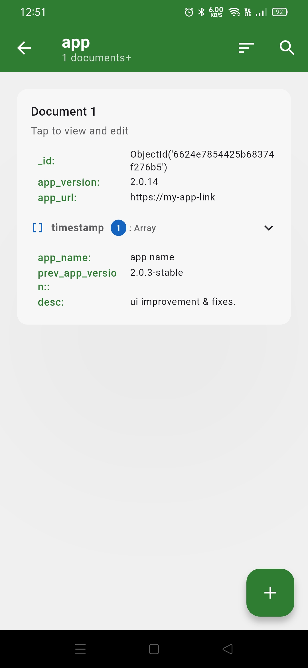 Mobile document viewer showing JSON structure